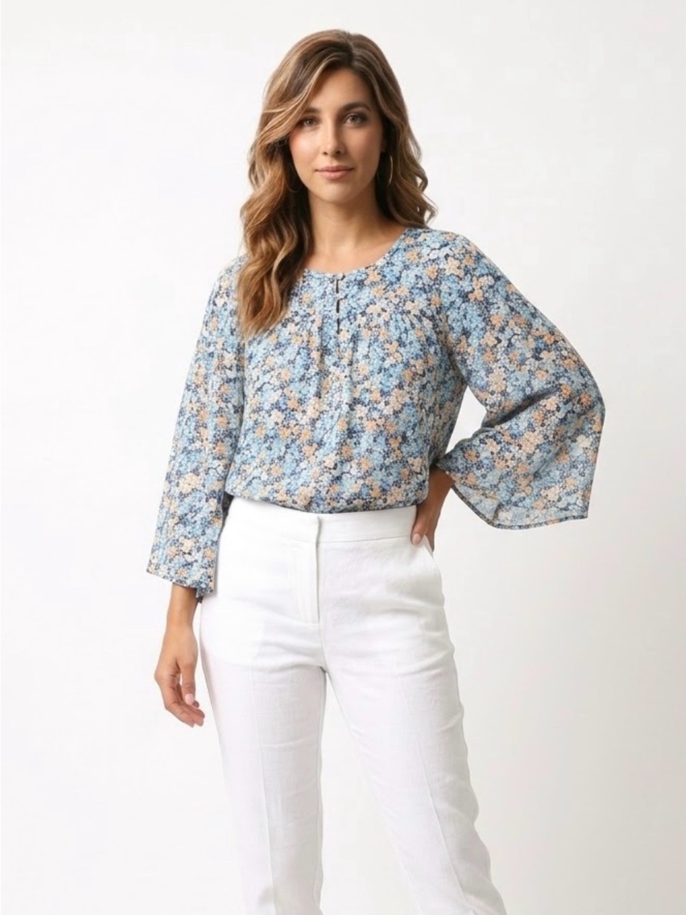 J. Jill Blue Floral Peasant Blouse With Bell 3/4 Sleeves